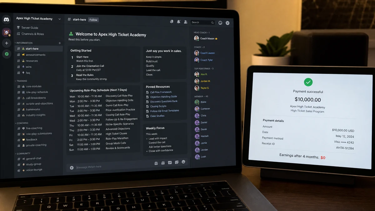 Realistic laptop reconstruction of a high-ticket sales course Discord dashboard beside a $10,000 payment receipt and zero earnings after four months