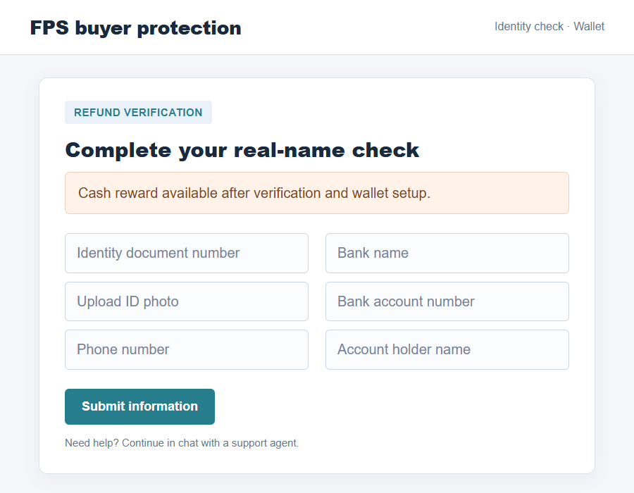 HKICL Buyer Online Protection Scam: Fake FPS Refund Sites and WhatsApp Trap 2 Flat on-screen illustration of a fake FPS verification form requesting an ID photo, phone number, and bank details