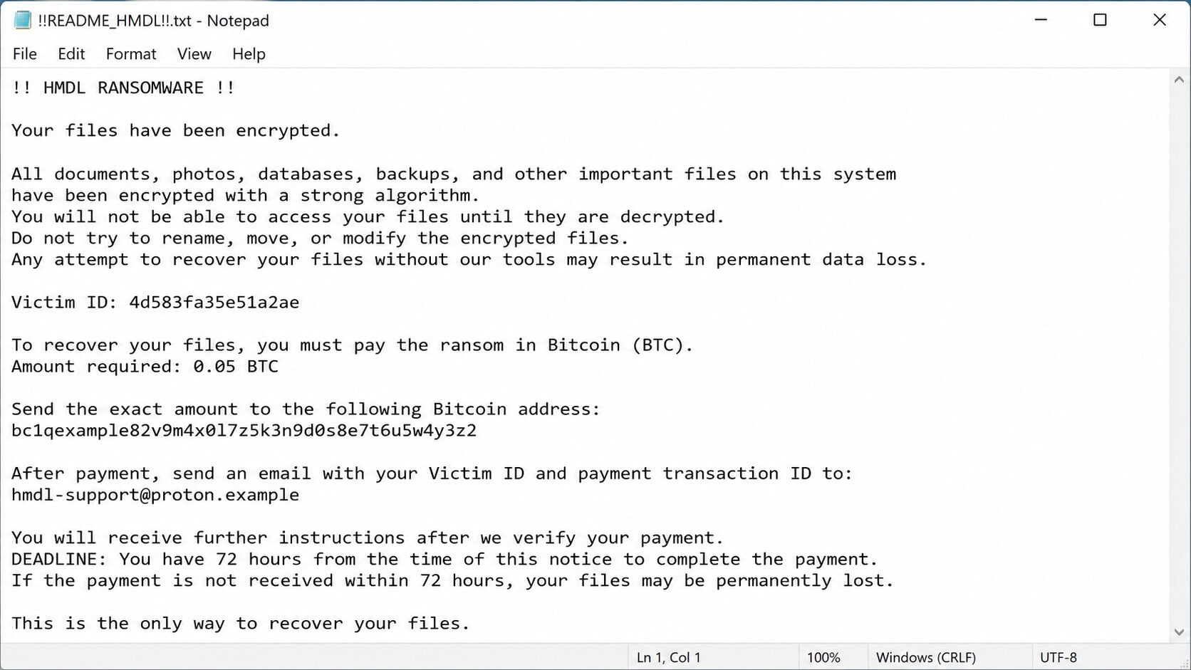 HMDL ransomware note demanding 0.05 BTC and displaying a fictional victim identification code