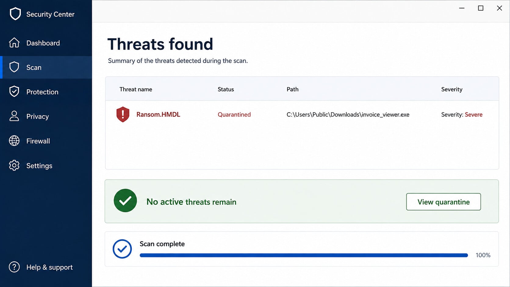 Security scan detecting and quarantining an HMDL ransomware component