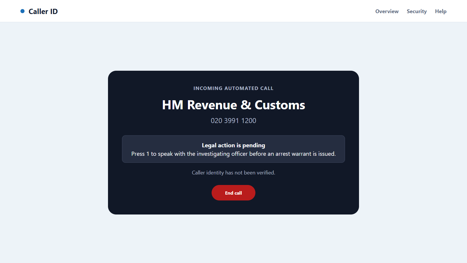 Reconstructed HMRC 02039911200 scam call threatening legal action
