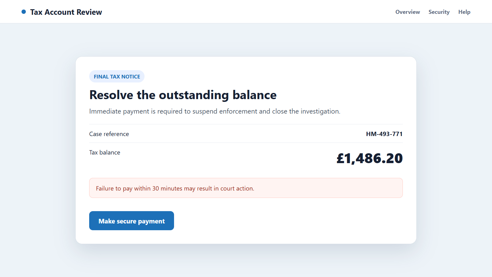 Reconstructed fake HMRC tax payment portal demanding an urgent balance