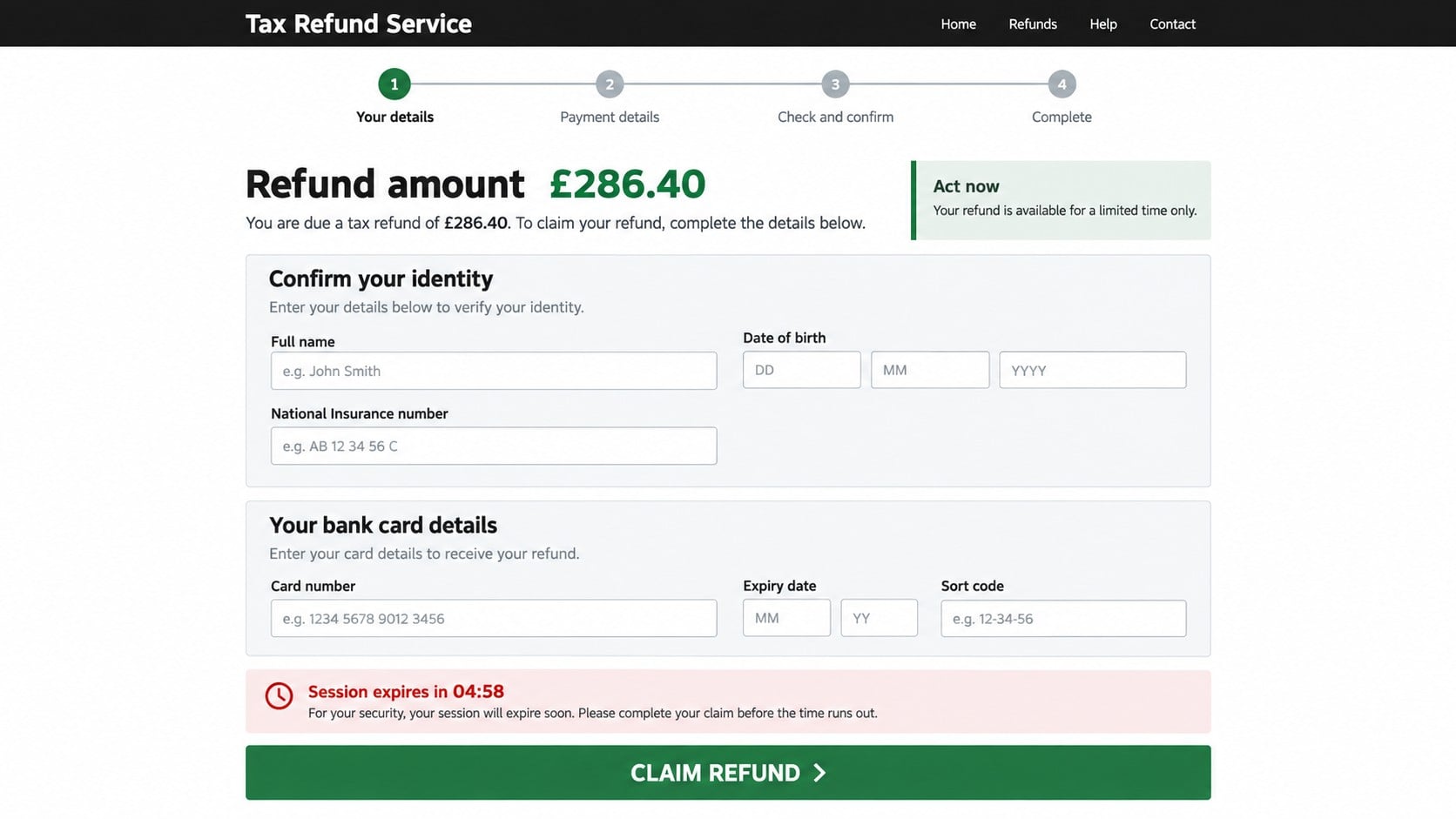 Reconstructed fake HMRC refund page requesting National Insurance and bank card details