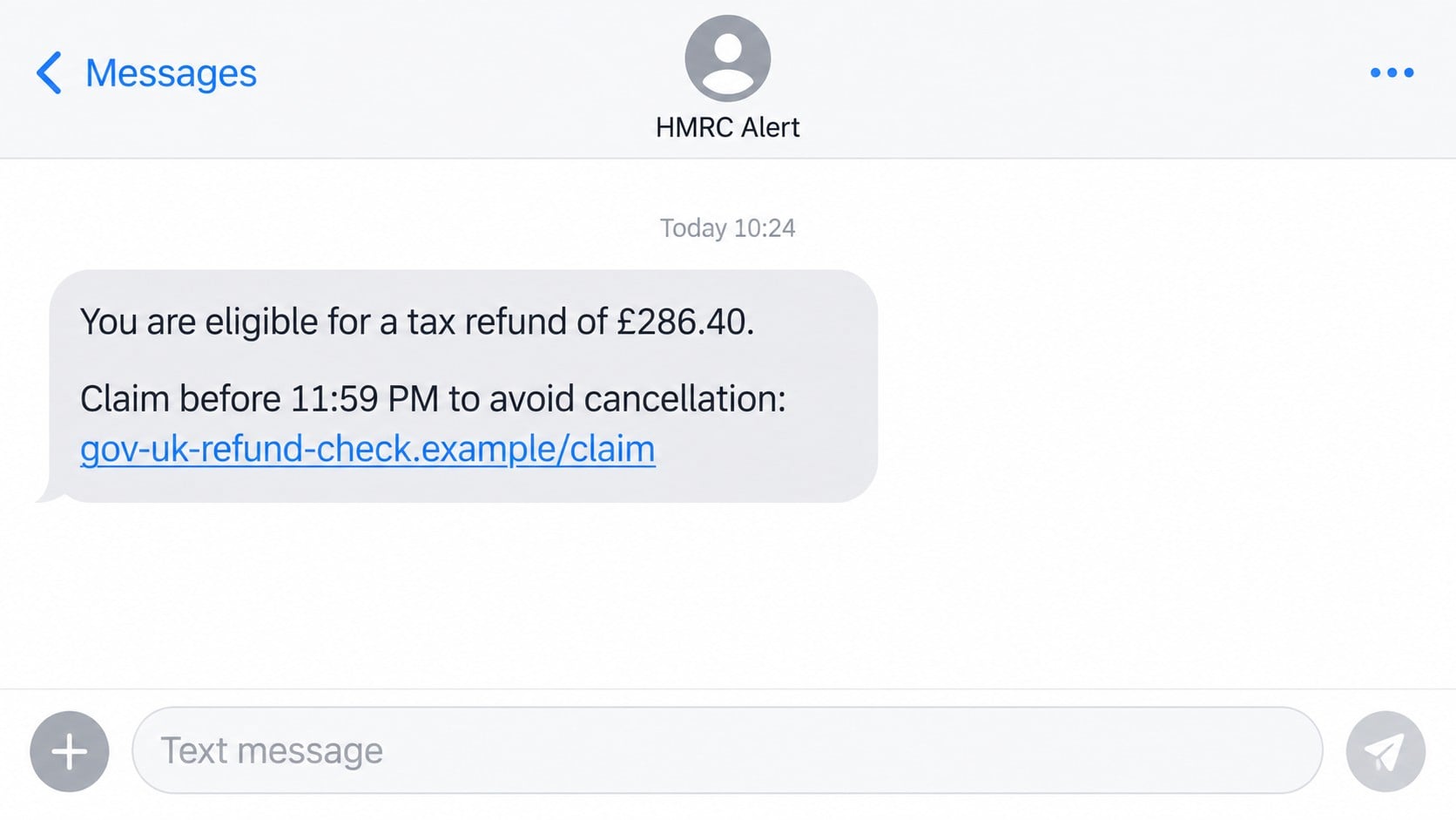 Reconstructed HMRC tax refund scam text offering a £286.40 refund through a fake link