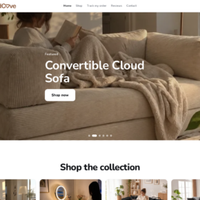 Home and Cove homepage promoting a convertible cloud sofa through a recently registered store