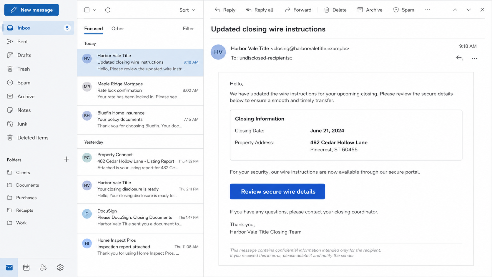 Home Closing Wire Scam Sends Your Down Payment to Thieves 1 Home closing wire scam shown in a fictional title company email