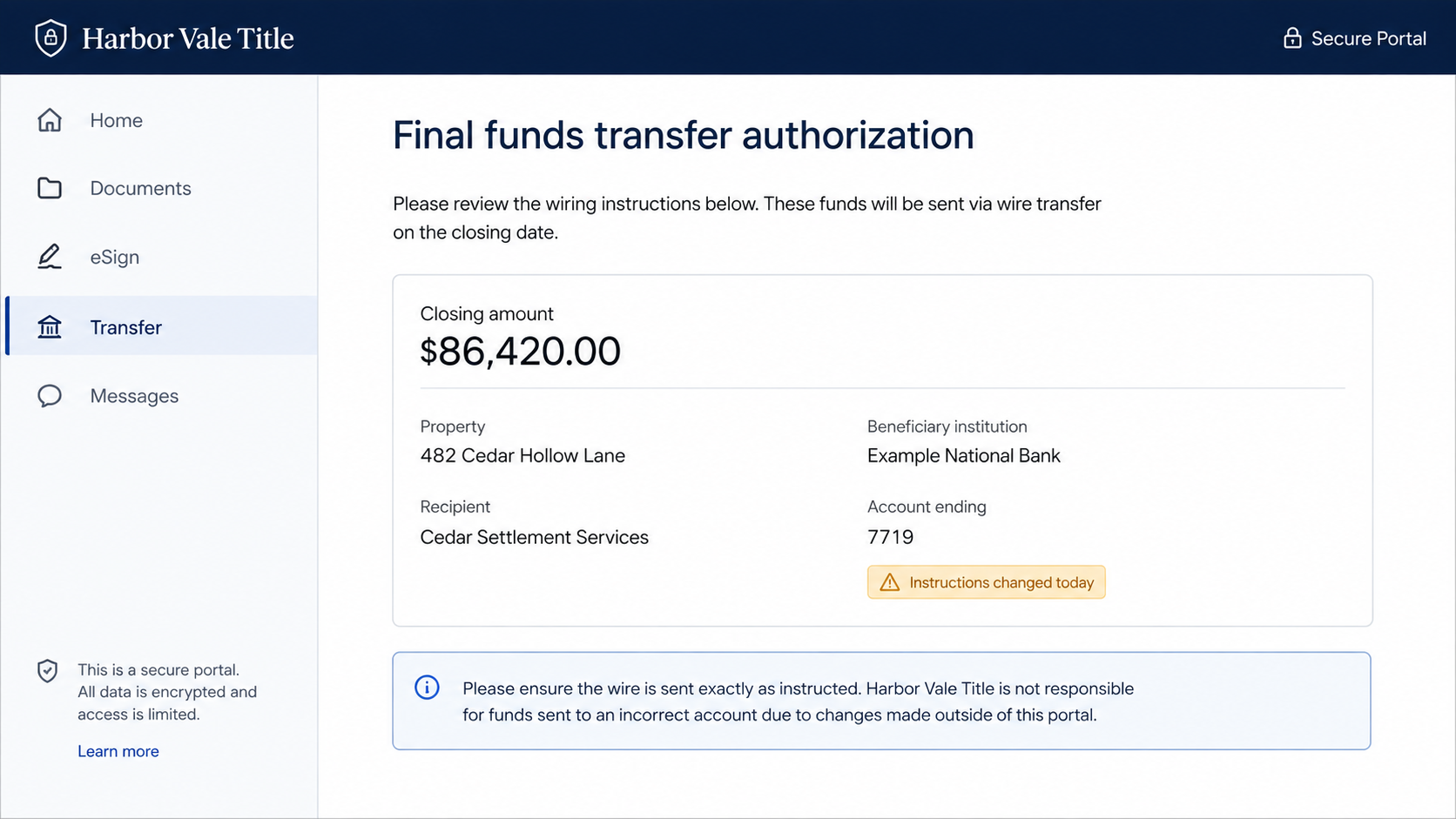 Home Closing Wire Scam Sends Your Down Payment to Thieves 2 Fictional closing portal showing changed wire instructions and a new recipient