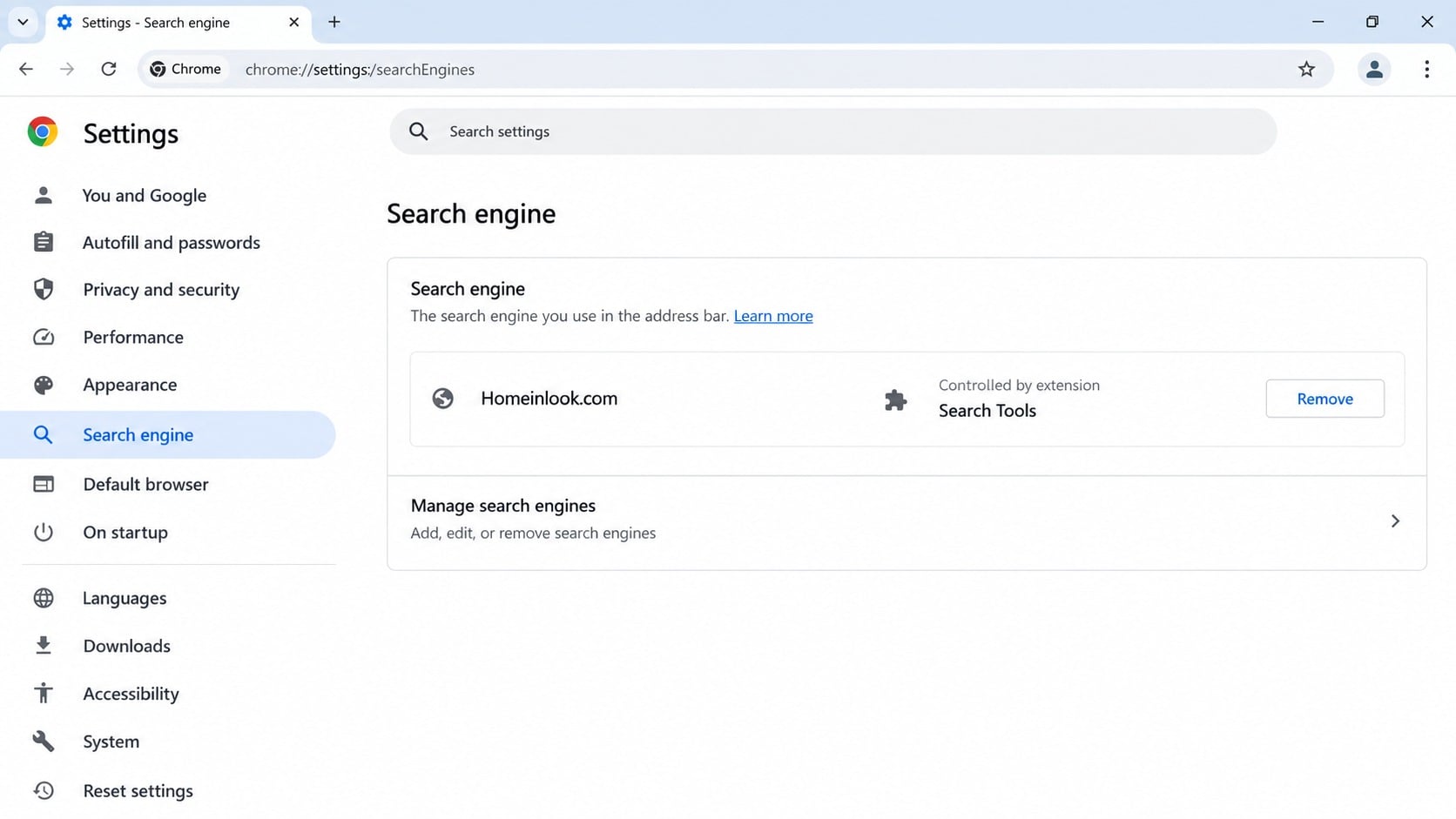 Browser settings controlled by a Search Tools extension using Homeinlook.com