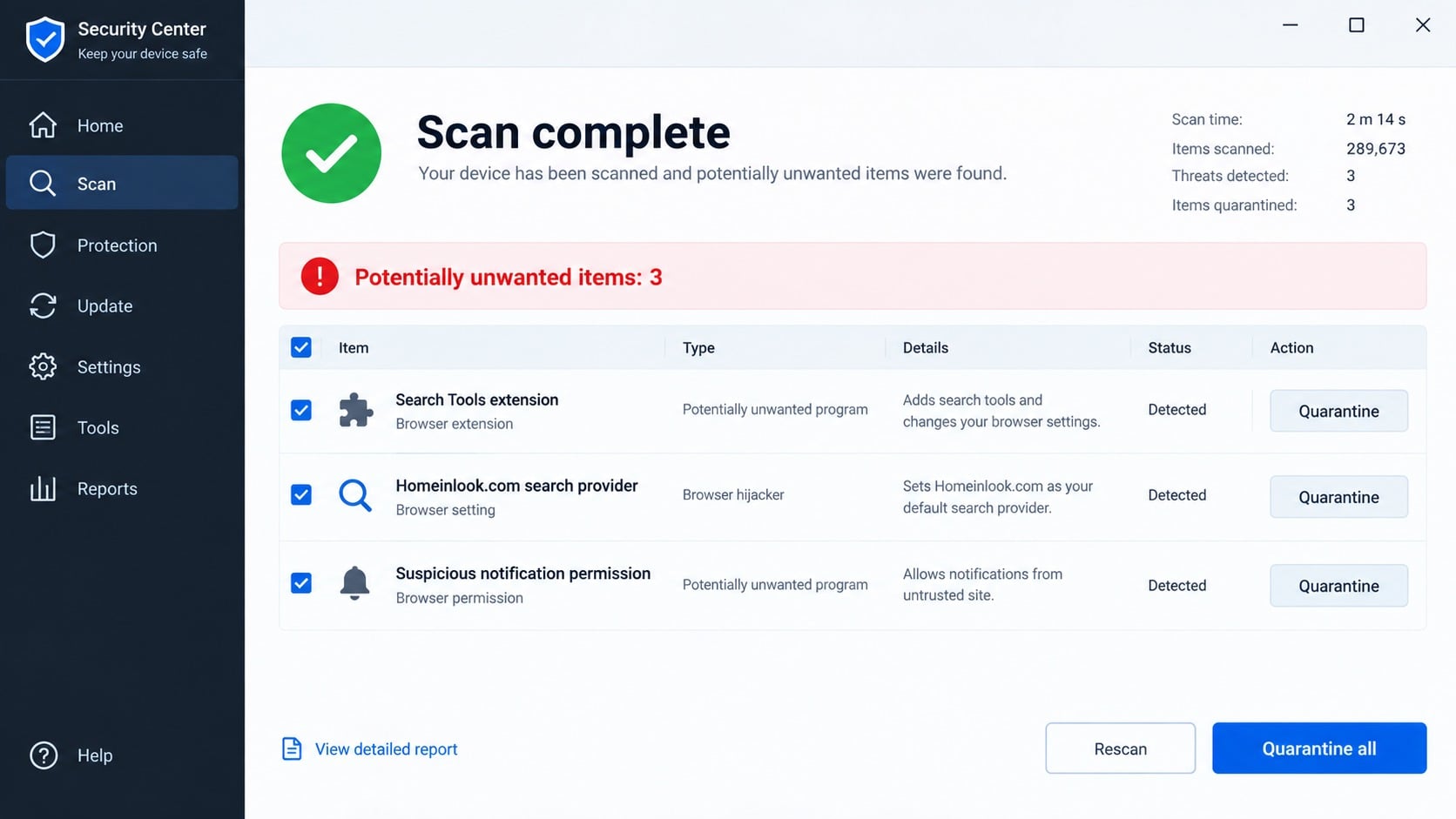 Security scan detecting the Homeinlook.com search provider and unwanted extension