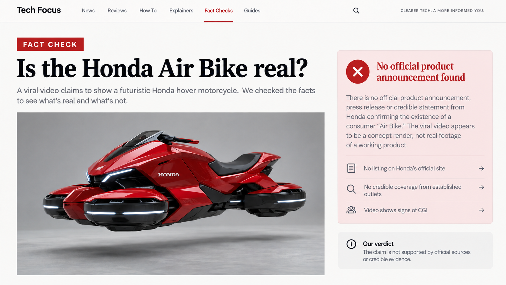 Fact-check webpage explaining why the Honda New Air Bike video is fabricated