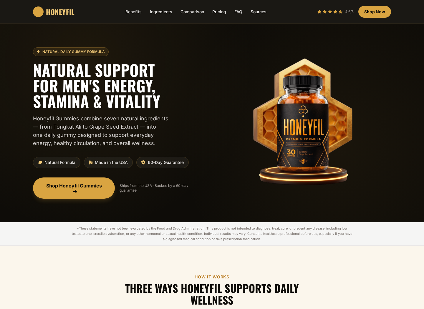 HoneyFil website promoting men's energy and stamina gummies