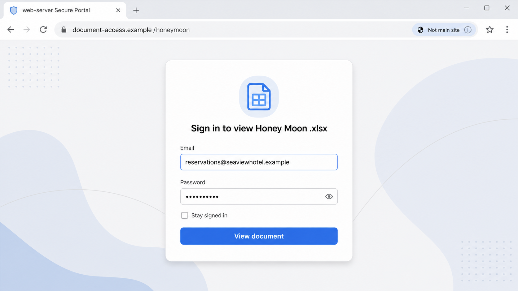 Fake secure portal asking a hotel reservations account for its password