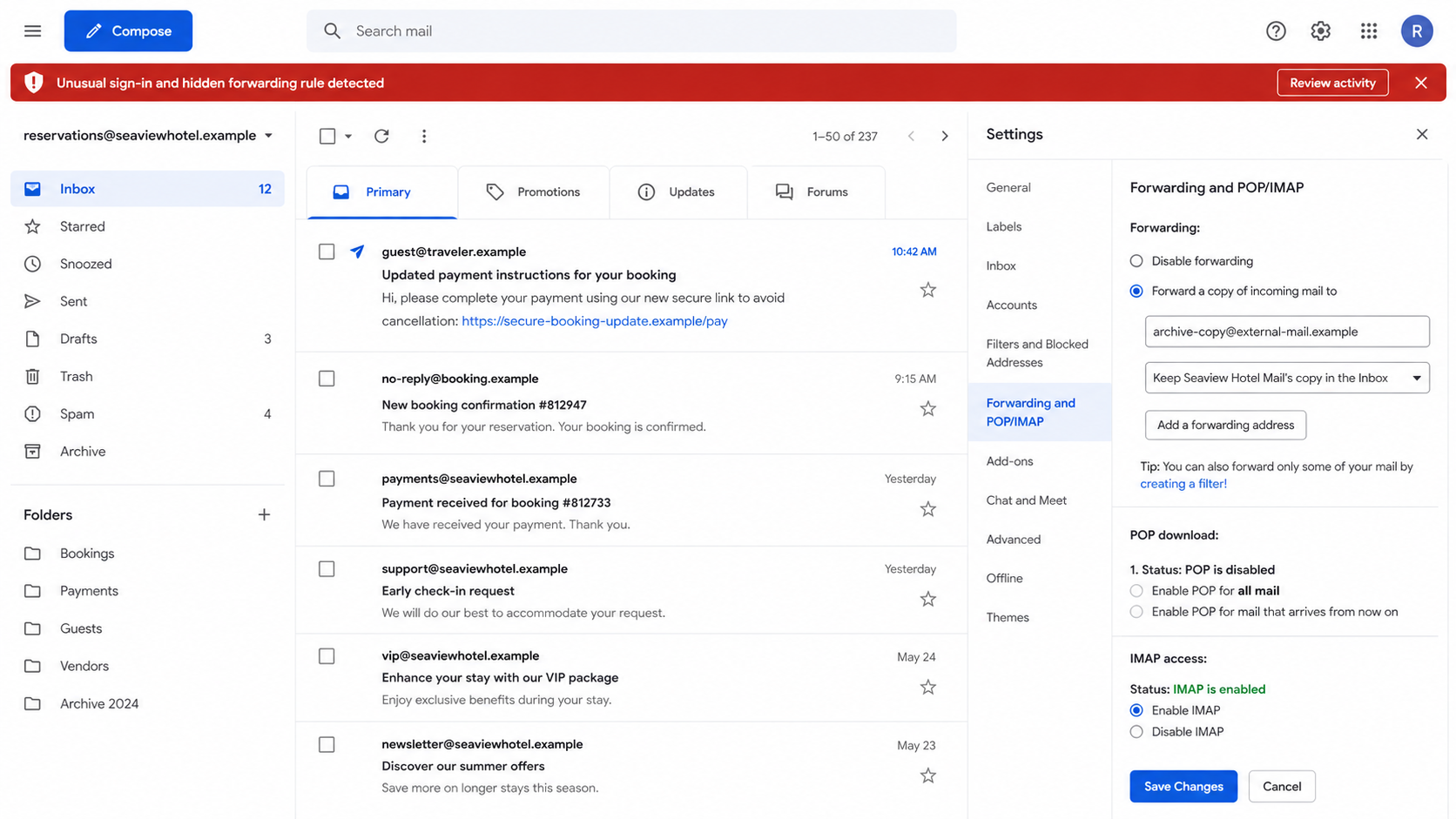 Hotel reservations inbox showing unusual sign-in activity and a hidden forwarding rule