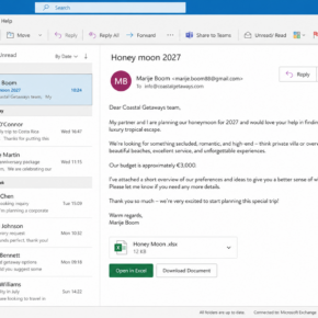 Fake Honey moon 2027 travel inquiry displaying an Excel document card