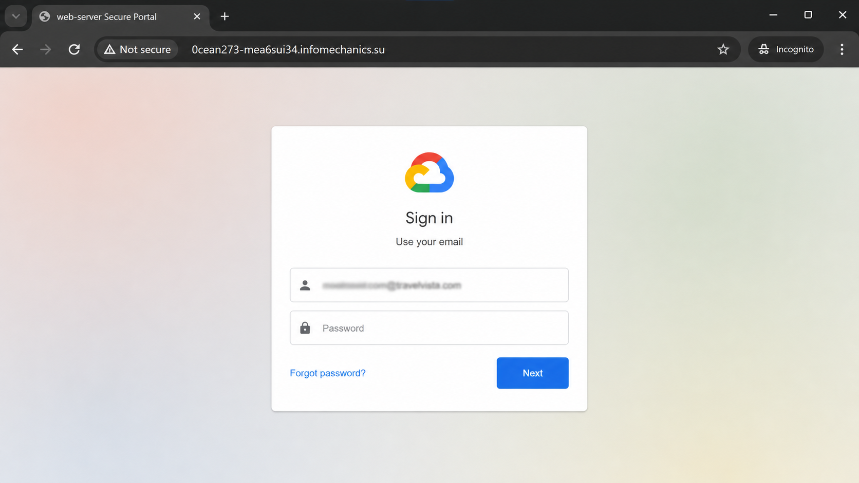 Fake web-server Secure Portal asking a travel agency for an email password