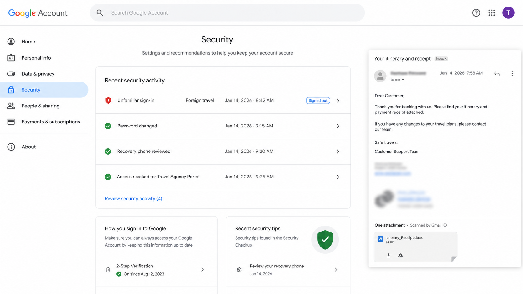 Google account security review after a travel agency phishing incident