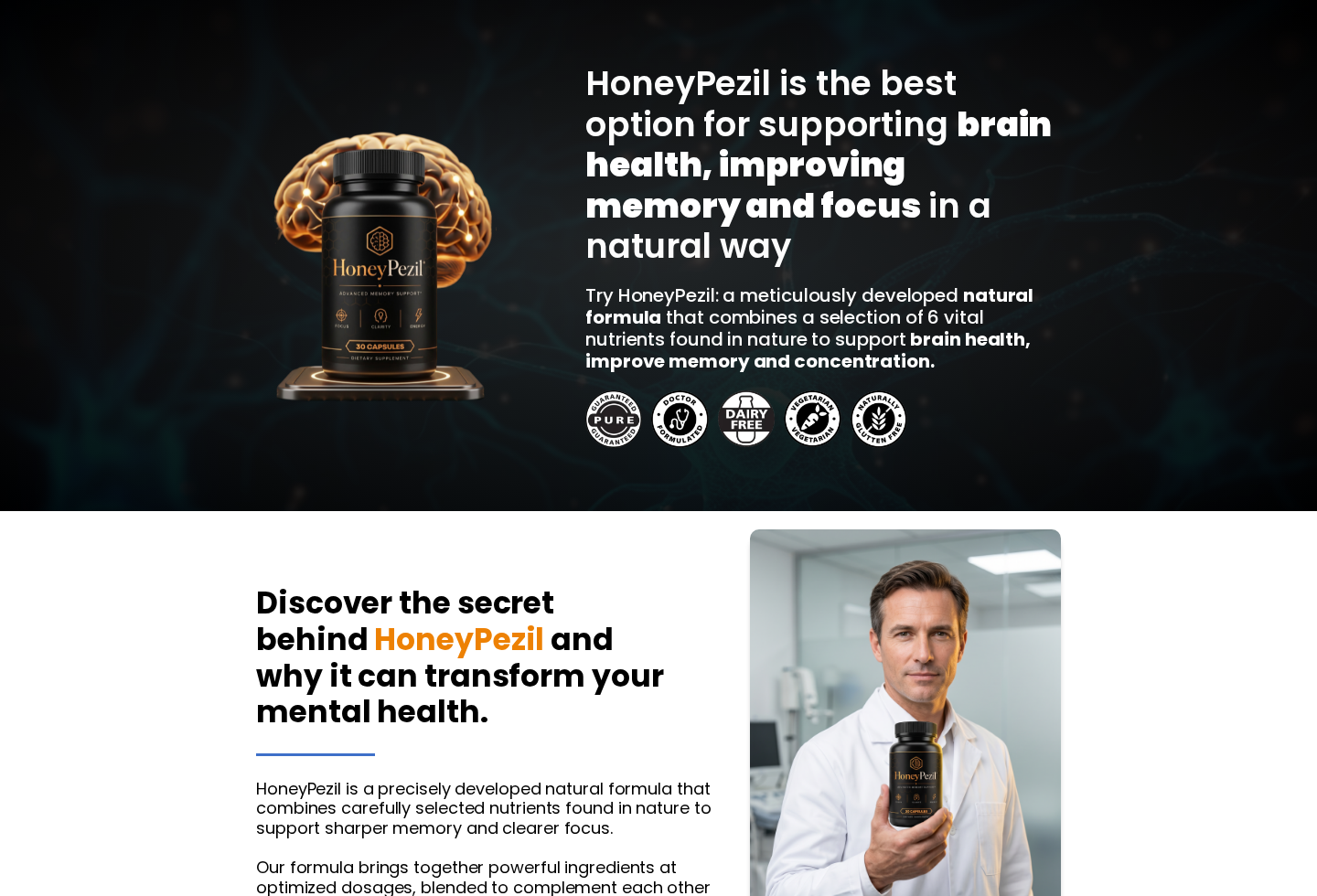 HoneyPezil Reviews Exposed: Fake IQHoney Funnel and Conflicting Websites 1 Screenshot of the HoneyPezil sales page promoting capsules for memory and focus