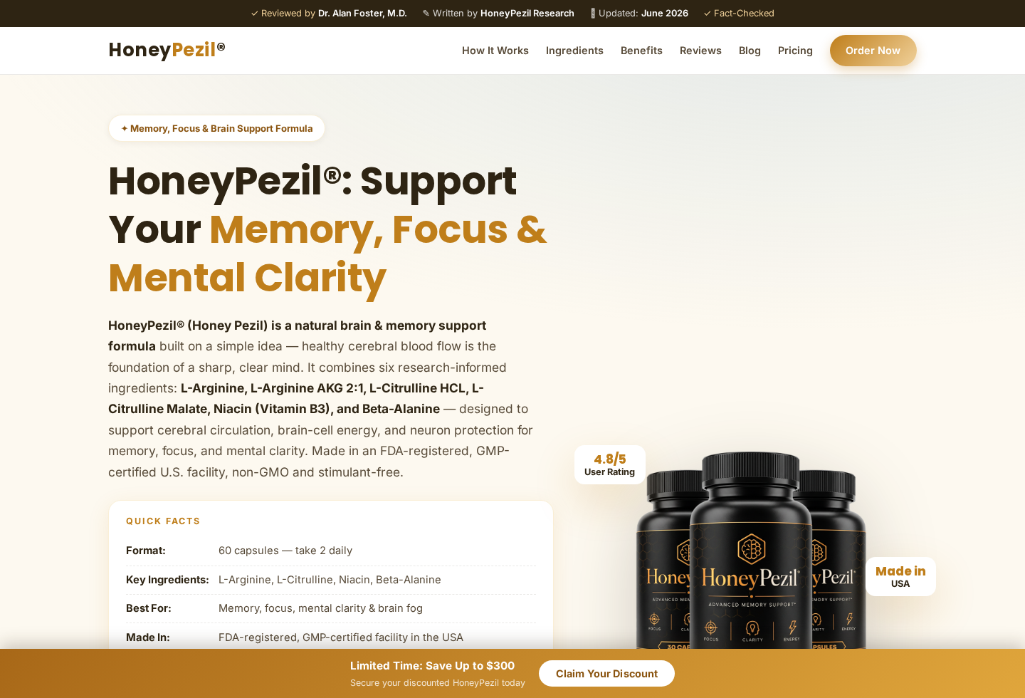 HoneyPezil Reviews Exposed: Fake IQHoney Funnel and Conflicting Websites 2 Screenshot of a competing HoneyPezil website claiming medical review and 60 capsules
