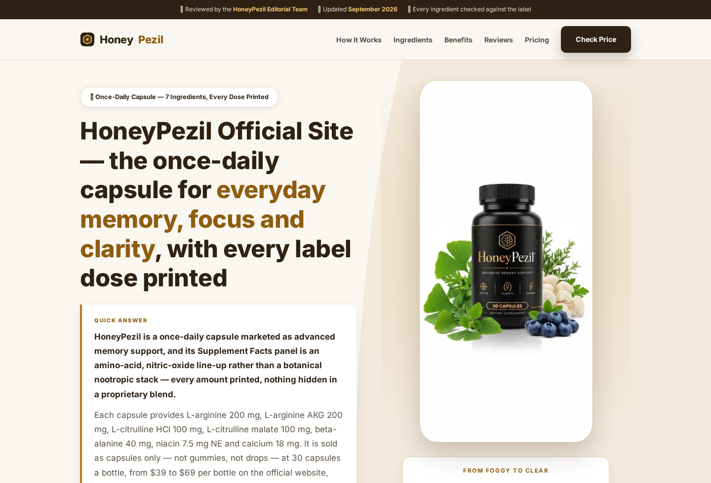 HoneyPezil Reviews Exposed: Fake IQHoney Funnel and Conflicting Websites 3 Screenshot of another HoneyPezil official site showing 30 capsules and a different ingredient label