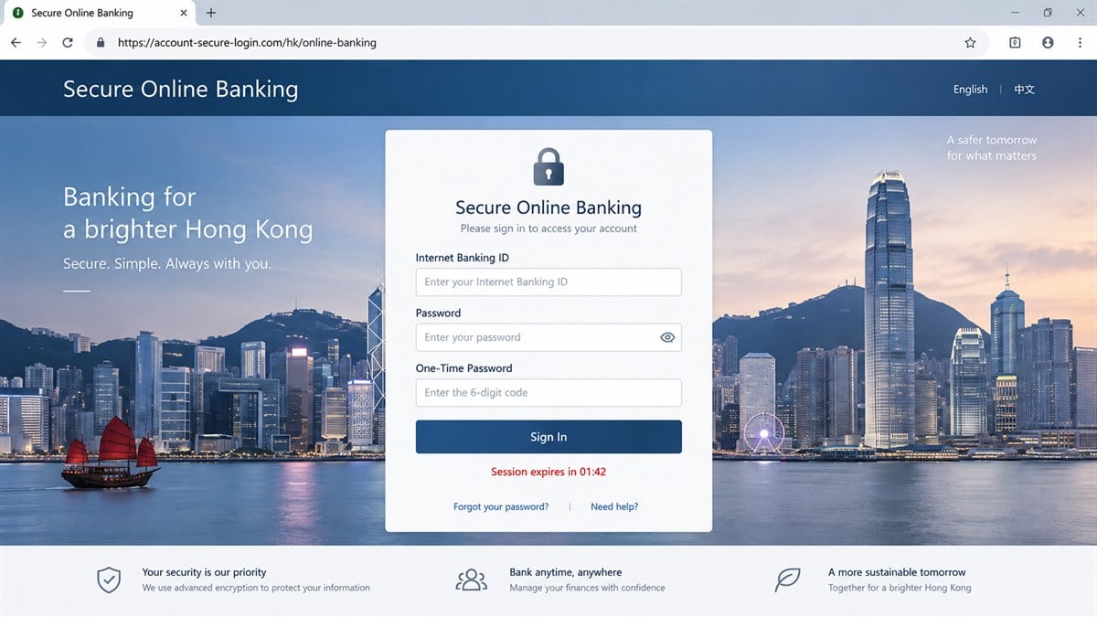 Reconstruction of a fake Hong Kong online banking page requesting a password and one-time code