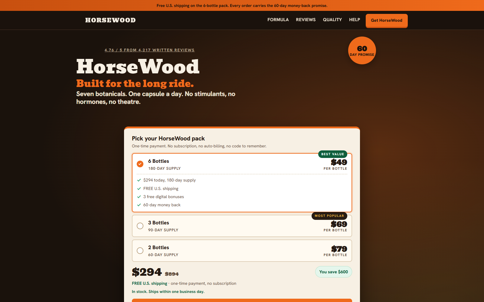 HorseWood website advertising six bottles, thousands of reviews, and a 60-day promise