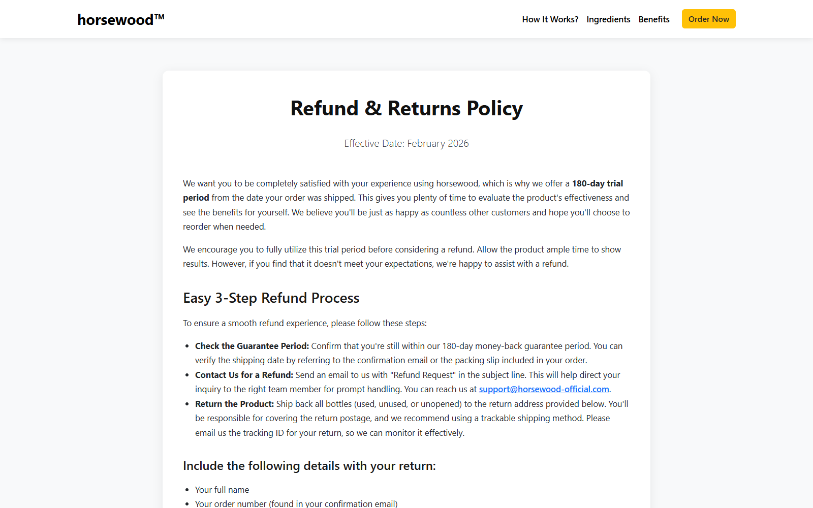 Separate HorseWood return policy offering 180 days and requiring bottles to be mailed back