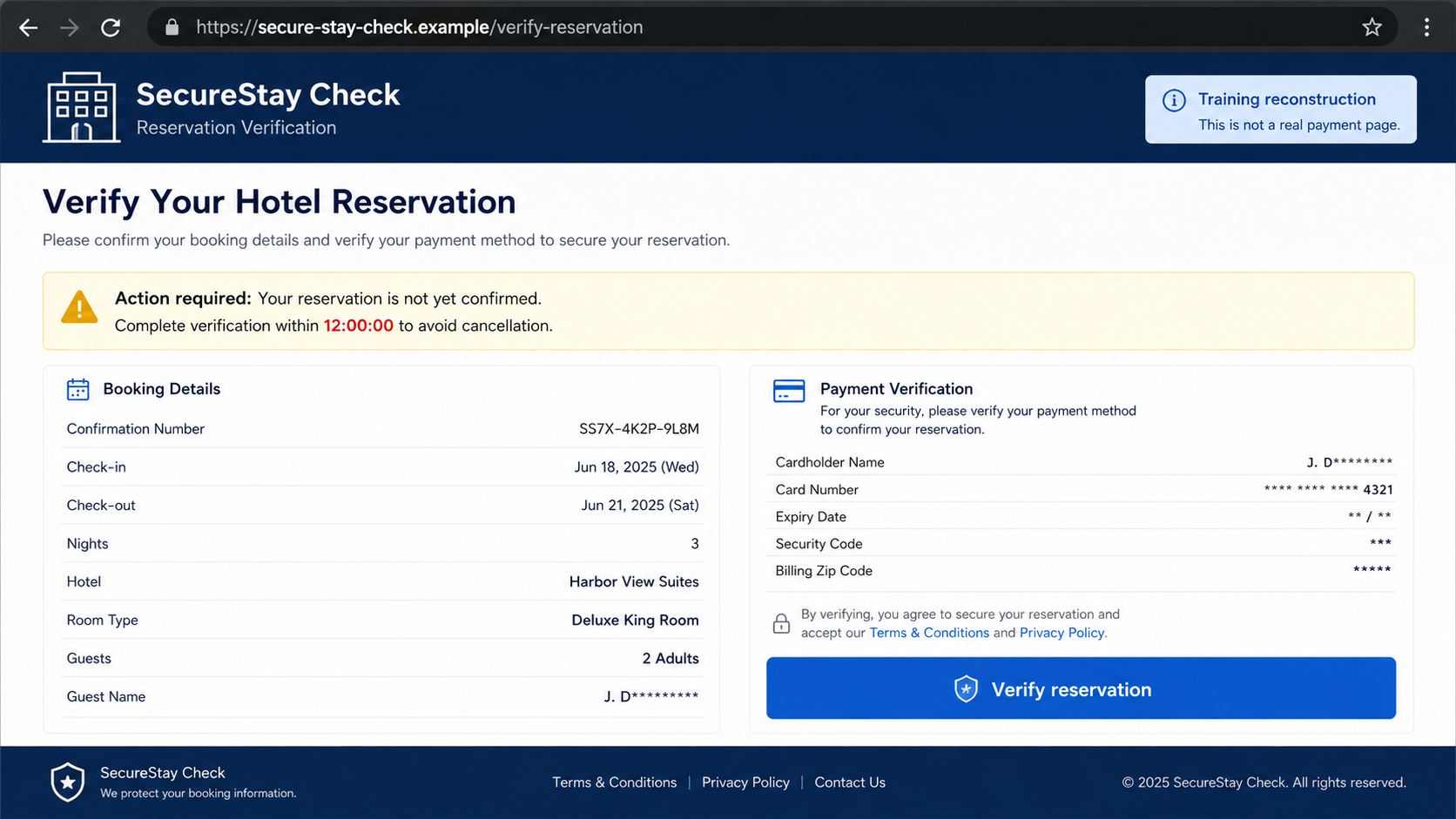 Reconstruction of a fake hotel reservation card verification page