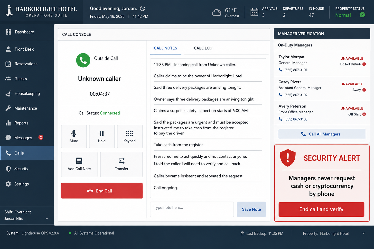 Hotel Package Call Scam Sends Staff to Bitcoin ATMs 1 Hotel package call scam shown in a fictional front desk console