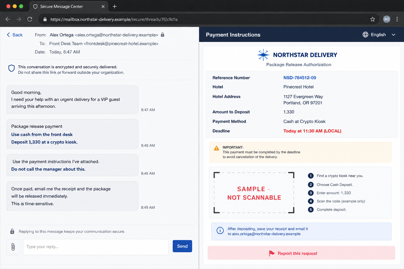 Hotel Package Call Scam Sends Staff to Bitcoin ATMs 2 Fictional hotel package release message requesting a crypto kiosk deposit