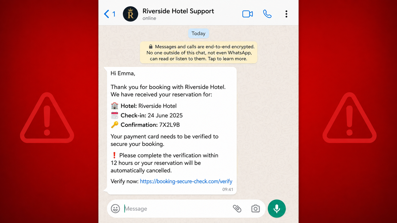 Fake hotel booking verification message sent through WhatsApp