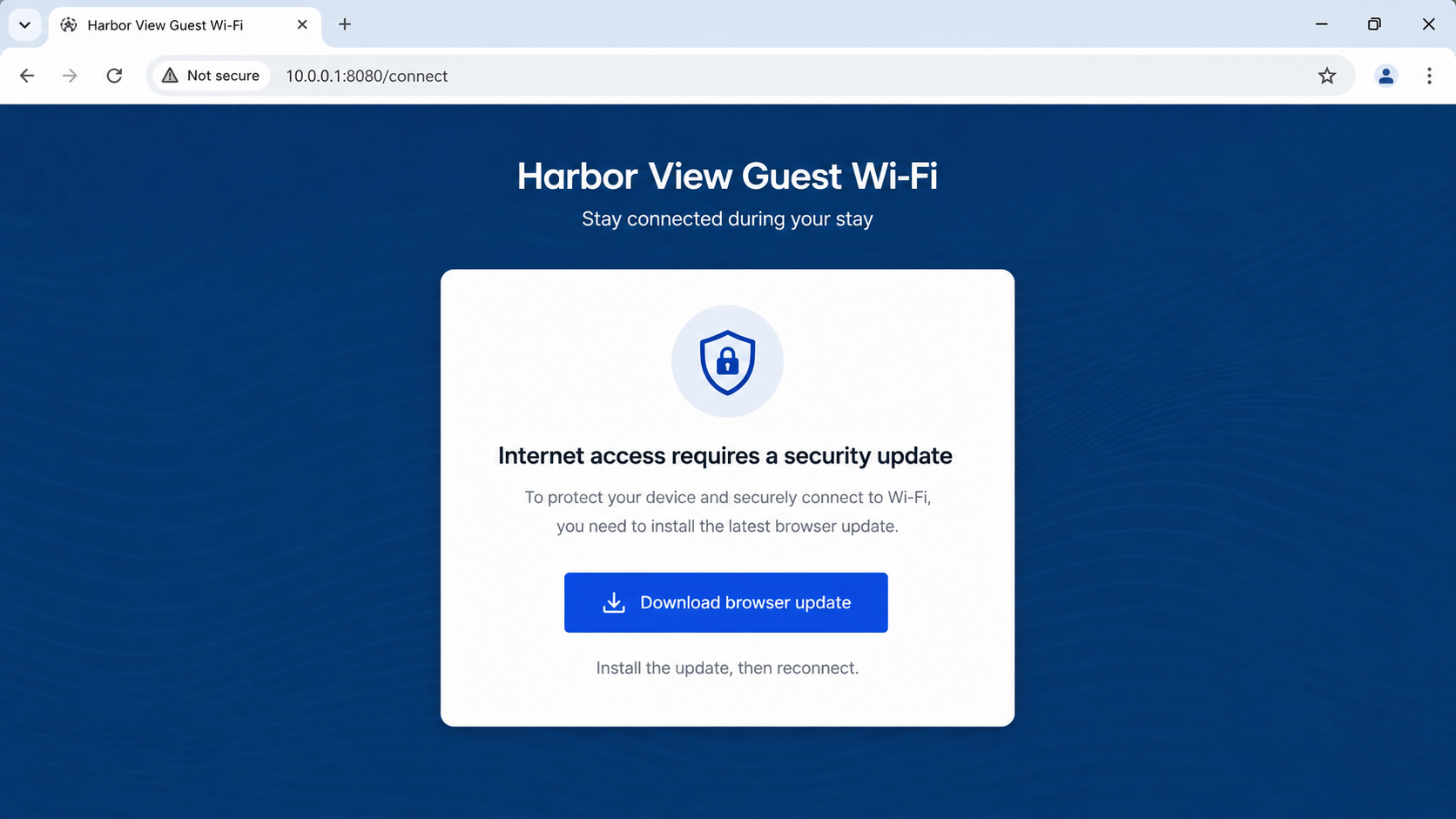 Hotel Wi-Fi Fake Update Scam Installs Spyware 1 Hotel Wi-Fi captive portal showing a fake browser update download