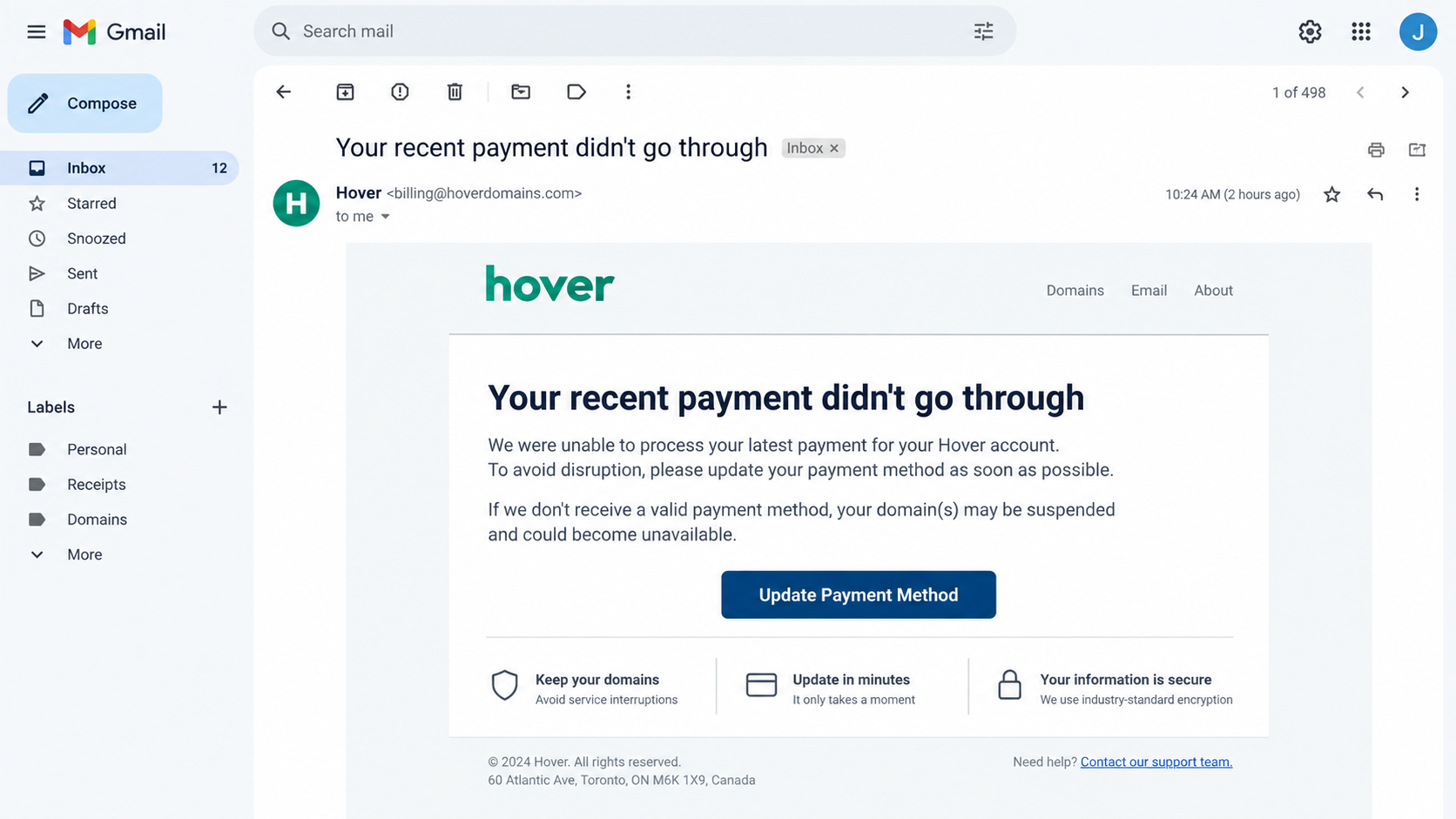 Phishing email claiming a recent Hover payment did not go through