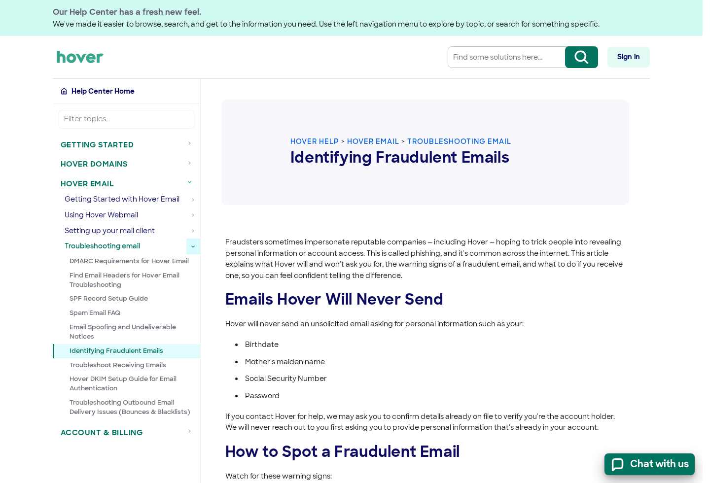 Official Hover guidance explaining how to identify fraudulent emails