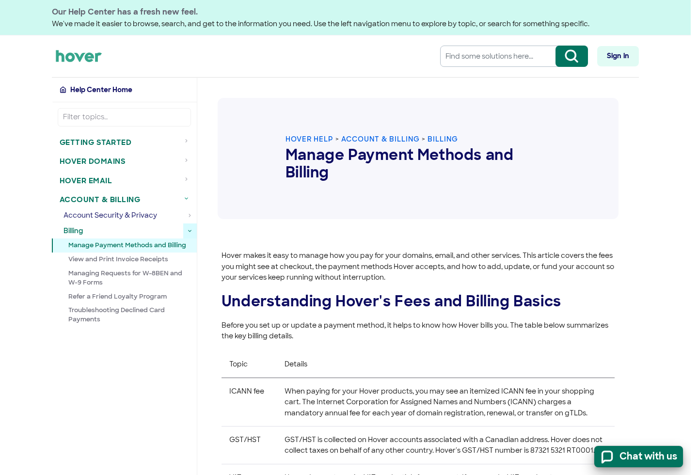 Official Hover support page for managing payment methods and billing