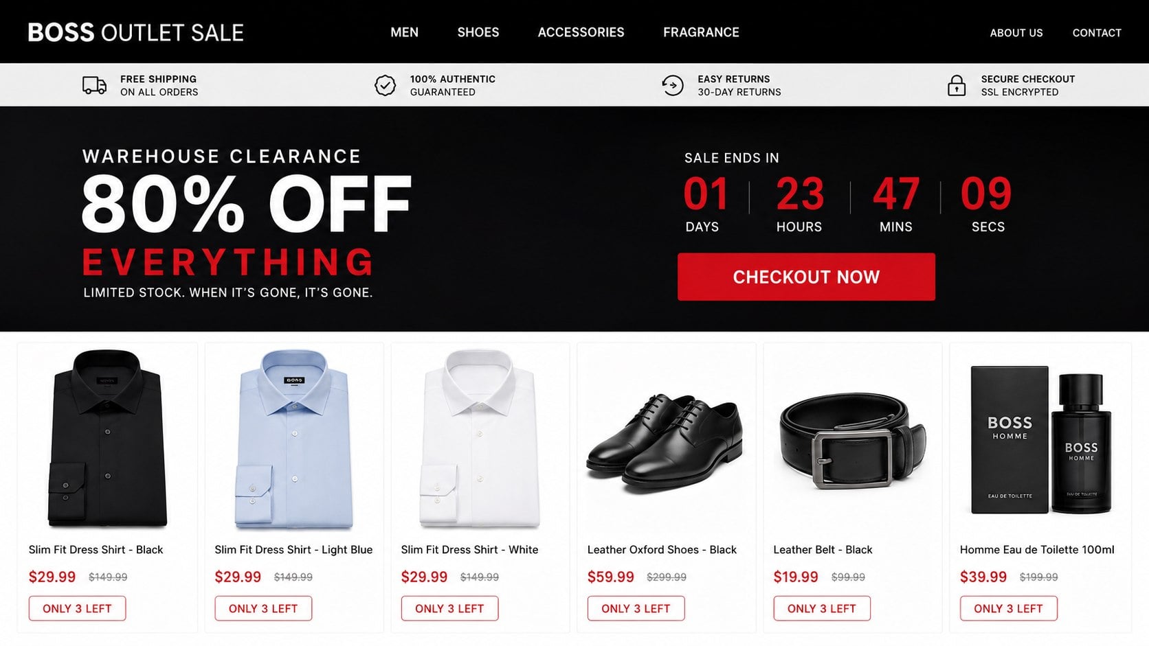 Reconstructed fake Hugo Boss outlet page promoting an 80% clearance sale