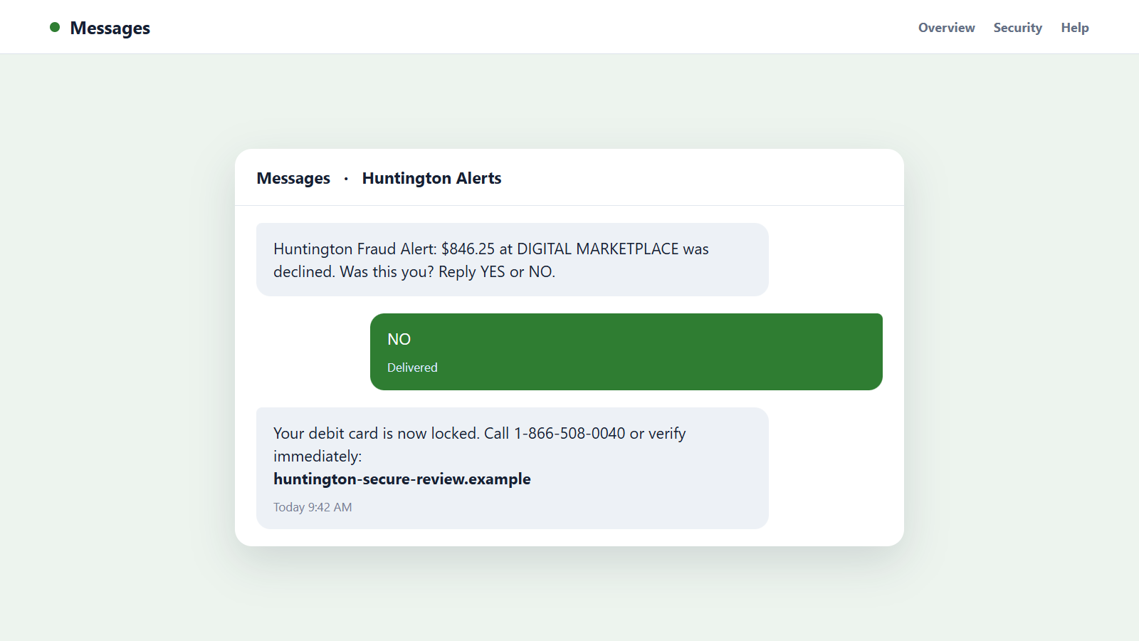 Reconstructed Huntington Bank scam text warning of a locked debit card and suspicious transaction