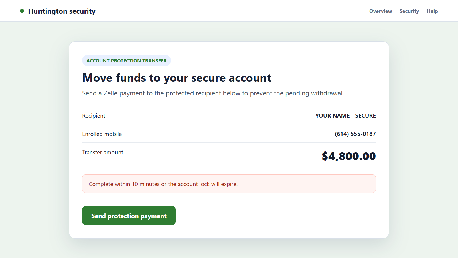 Reconstructed fake Huntington security page directing a customer to send a Zelle protection transfer