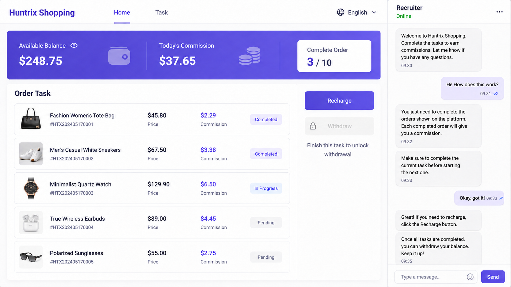 Huntrix Shopping task dashboard showing orders commissions and a withdrawal balance