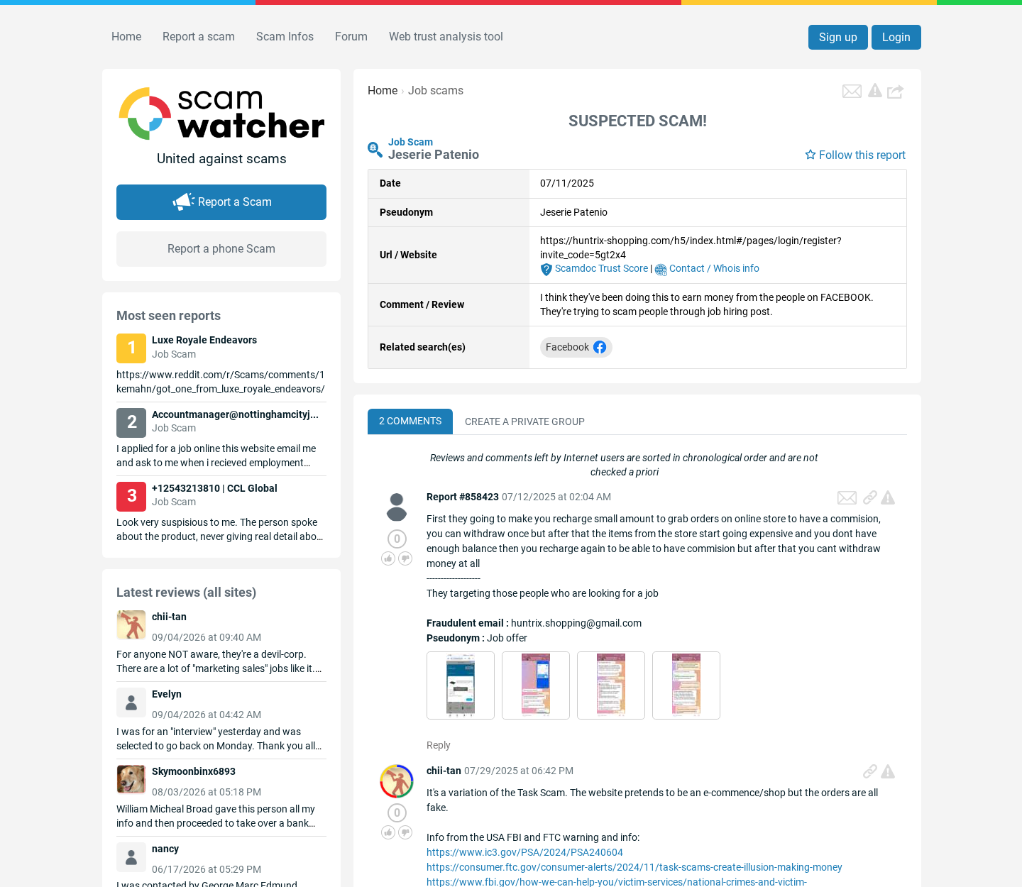 Consumer complaint describing Huntrix Shopping deposits commissions and blocked withdrawals