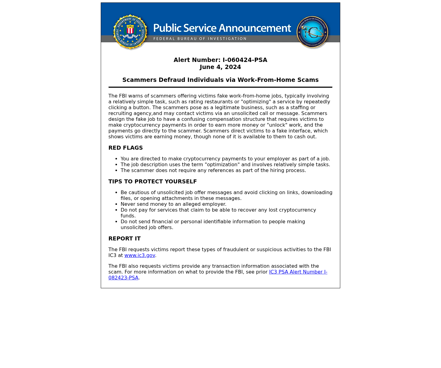FBI public warning explaining cryptocurrency job scams that require payments to unlock work