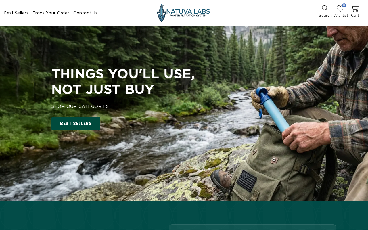 Alternate water filtration funnel homepage with outdoor straw imagery and best sellers button