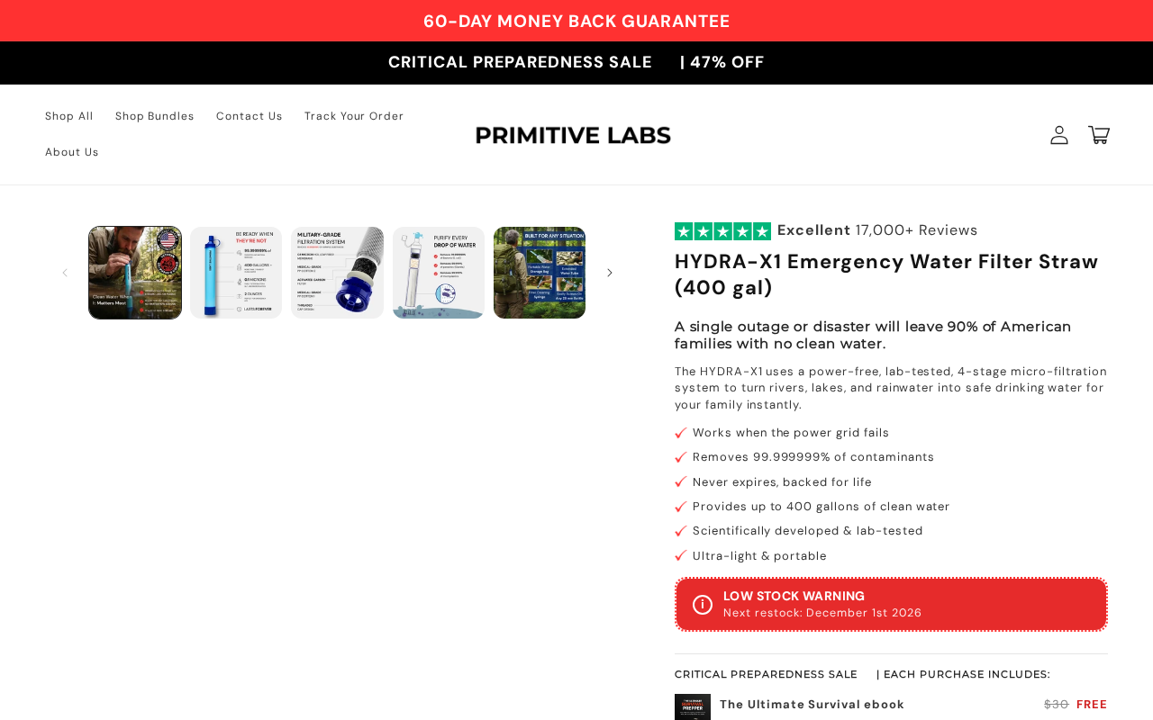 HYDRA-X1 emergency water filter straw product page with preparedness sale and review claims