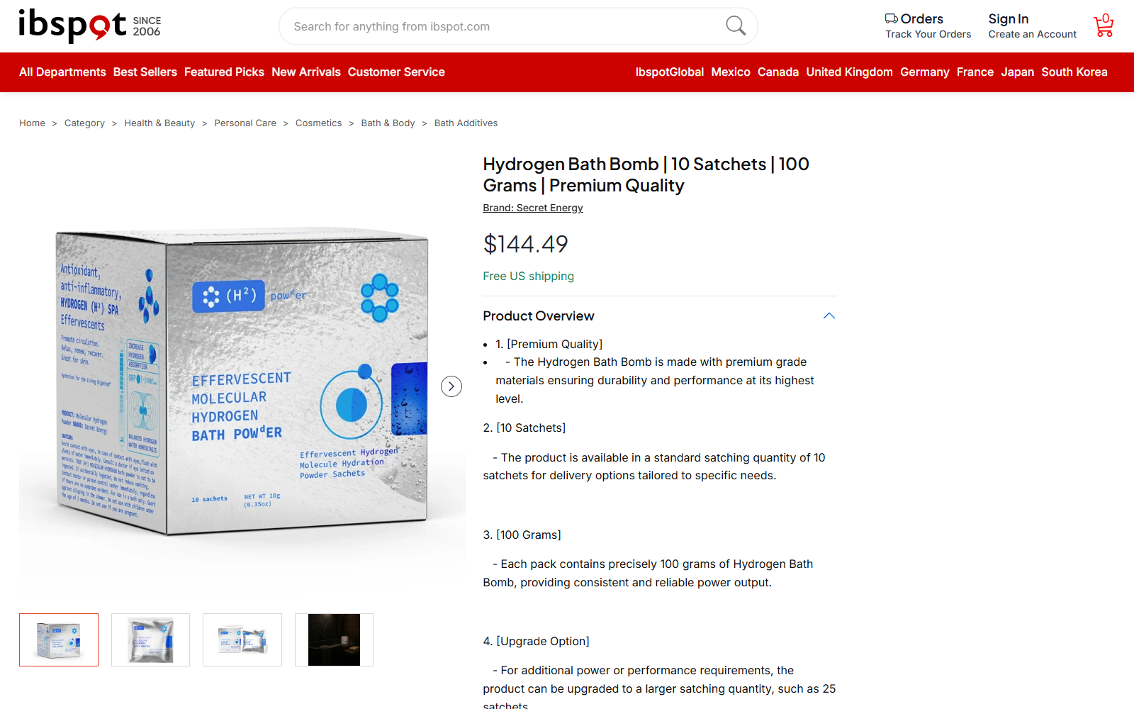 Hydrogen Bath Bomb Review: Science, Price and Return Risks Fully Exposed 1 IBSPOT listing for Secret Energy hydrogen bath bomb sachets priced at $144.49
