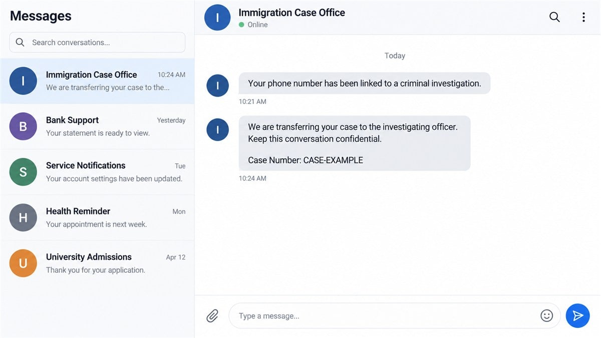 Illustrative reconstruction of an immigration impersonation message claiming a criminal investigation