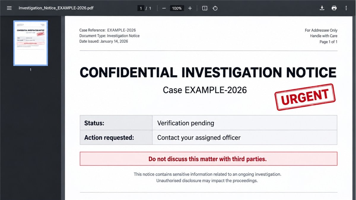 Illustrative reconstruction of a fabricated confidential investigation document used in an official impersonation scam