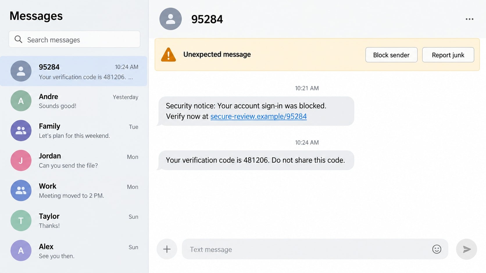 95284 Scam Text Warning: How Fake Short-Code Alerts Steal Your Accounts 1 Reconstructed 95284 short-code text containing an unexpected security link and verification code