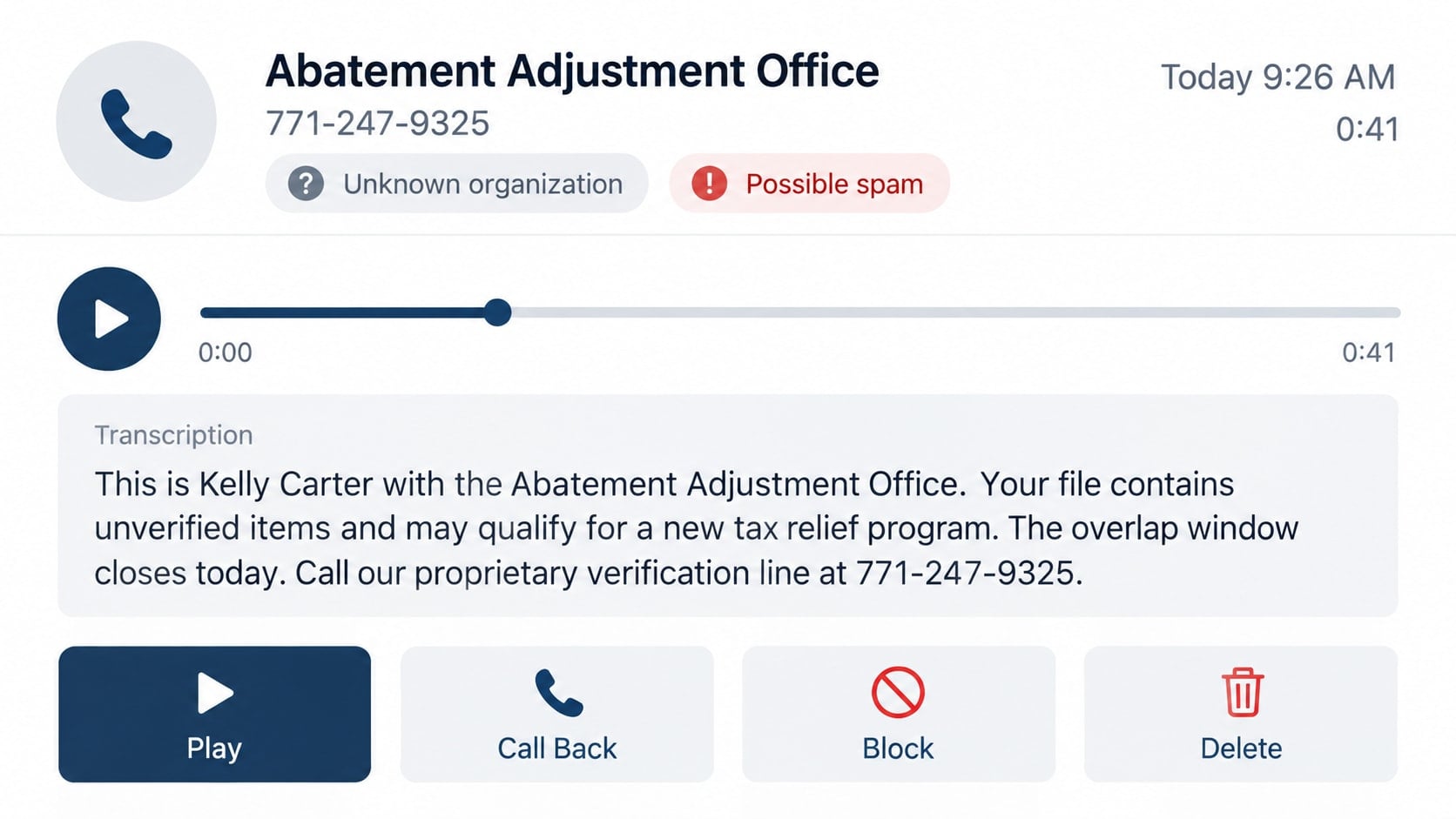 Reconstructed abatement adjustment scam voicemail claiming an urgent tax relief deadline