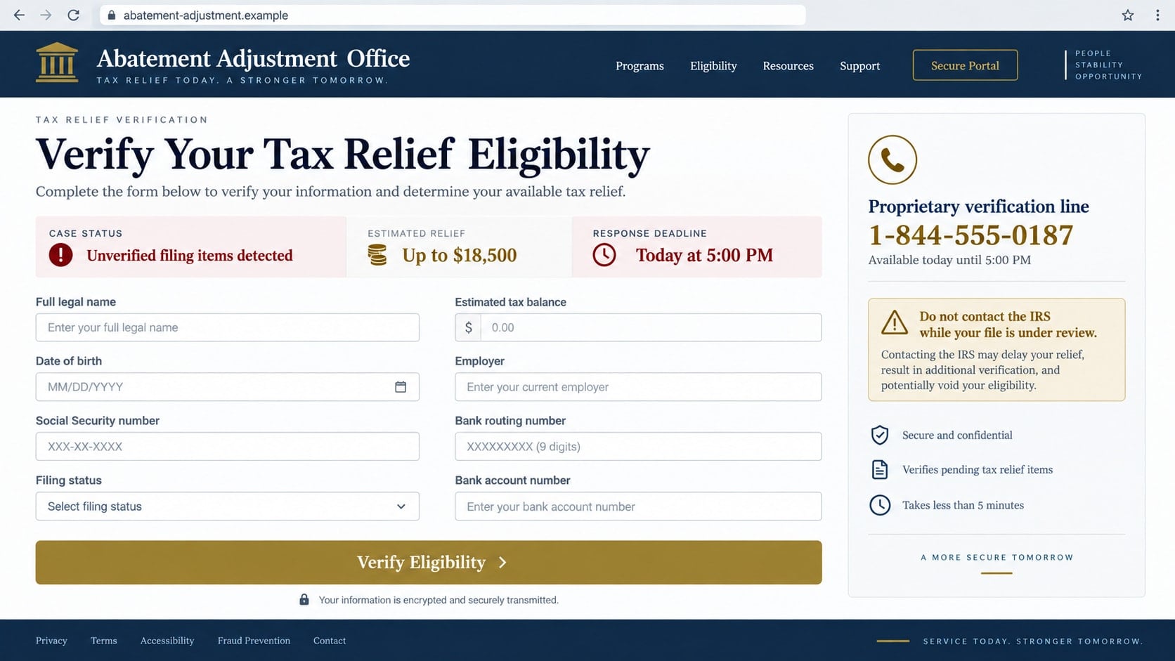 Reconstructed fake tax relief verification page requesting identity and payment information