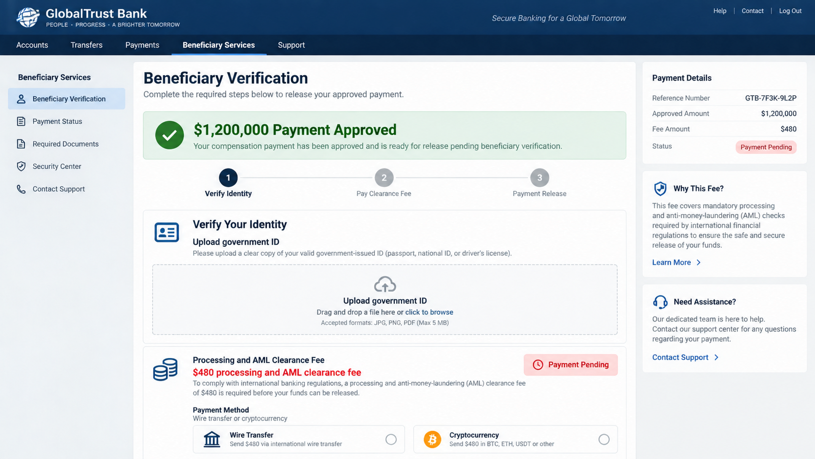 Reconstructed fake compensation portal requesting ID and a $480 processing fee