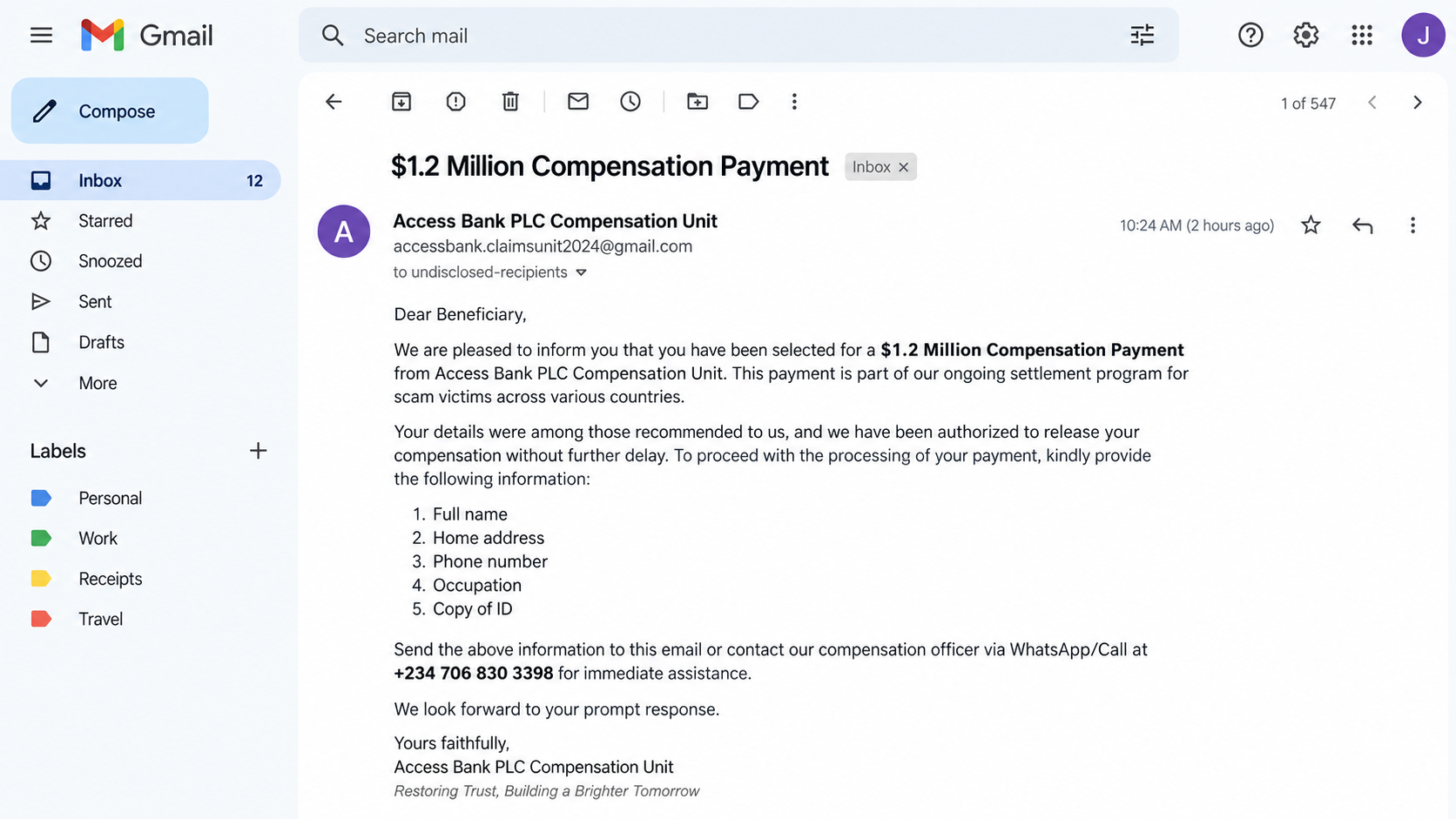 Reconstructed Access Bank PLC scam email promising a $1.2 million compensation payment